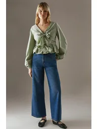 Poplin Tie Front Balloon Sleeve Blouse - 1