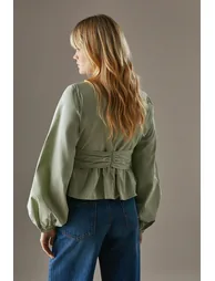 Poplin Tie Front Balloon Sleeve Blouse - 2