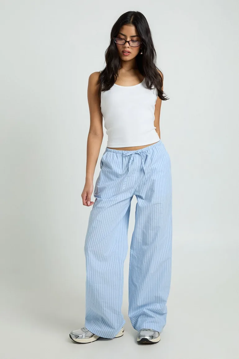 Stripe Woven Drawstring Wide Leg Trouser - blue