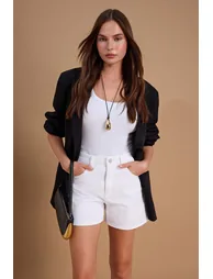 White Regular Waist City Boy Denim Shorts - 1