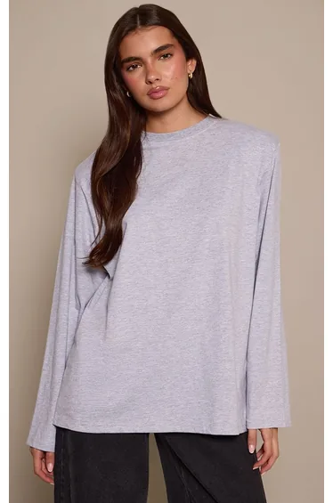 Grey Cotton Shoulder Detail Long Sleeve Oversized T-Shirt