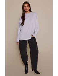 Grey Cotton Shoulder Detail Long Sleeve Oversized T-Shirt - 2