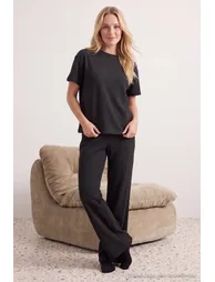 Anthracite Plain Waffle Knitted Pajama Set - 4