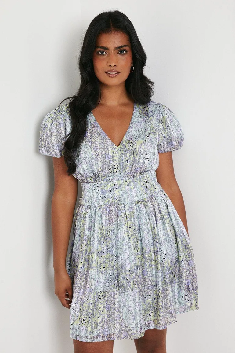 Patchwork Metallic Stripe Chiffon Bow Front Puff Sleeve Mini Dress - 3