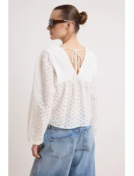 White V-Neck Brode Woven Blouse - 3