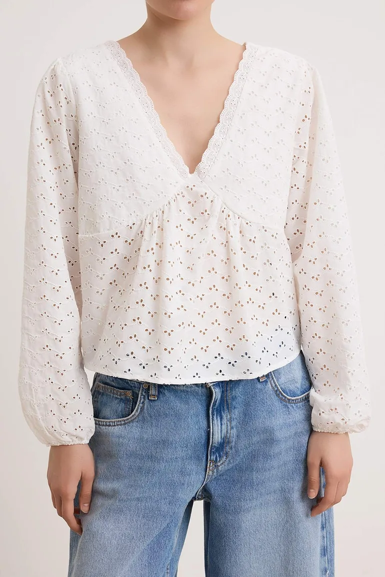 White V-Neck Brode Woven Blouse - 2