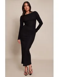 Black Ribbed Low Back Detail Long Sleeve Maxi Dress - 5