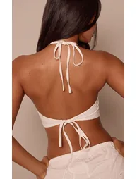 Petite White Broderie Open Tie Back Halterneck Top - 1