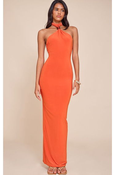 Burnt Orange Slinky Bead Detail Halter Maxi Dress