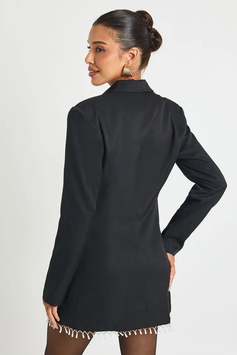 Pearl Trim Blazer Dress - black - 1