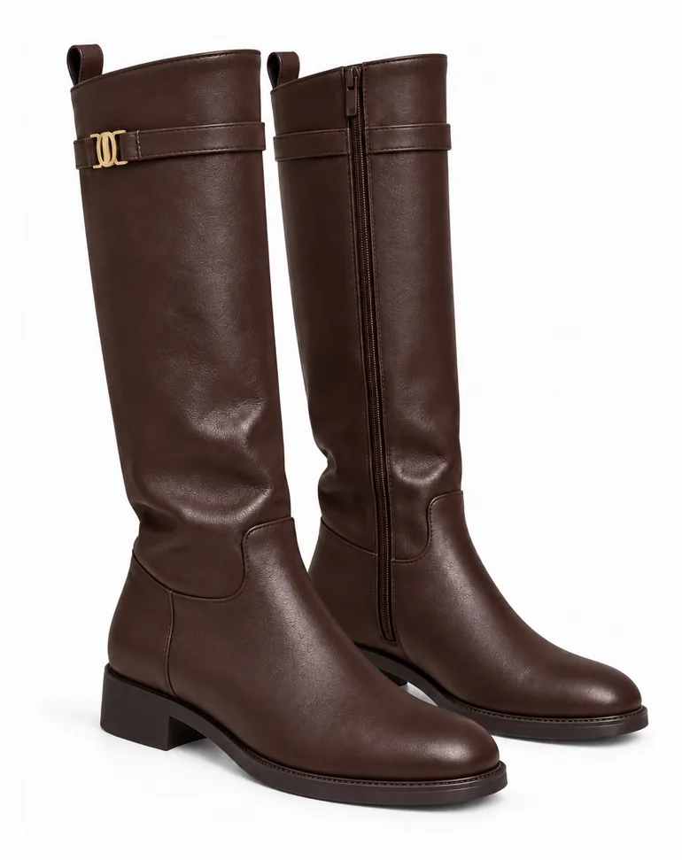 Elodie Luxe Buckle Trim Leather Look Zip Up Knee High Boots Coffee Brown - 2