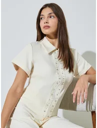 Light Yellow Embellished Shirt with Zip - 1