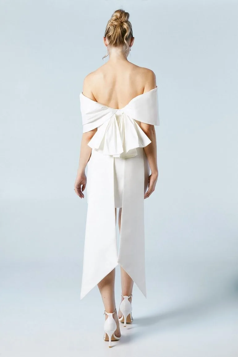 Statement Bardot Taffeta Crepe Mini Bridal Dress - 3