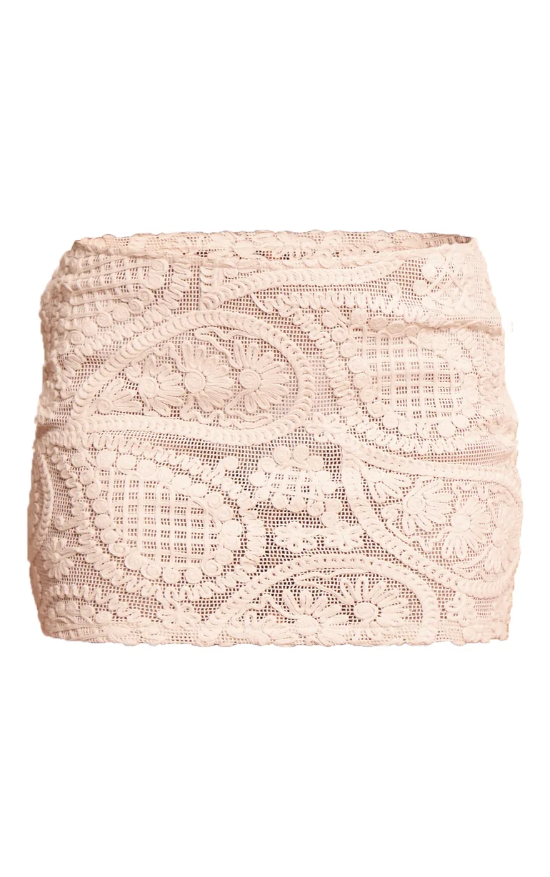 Cream Textured Embroidered Mini Skirt - 5