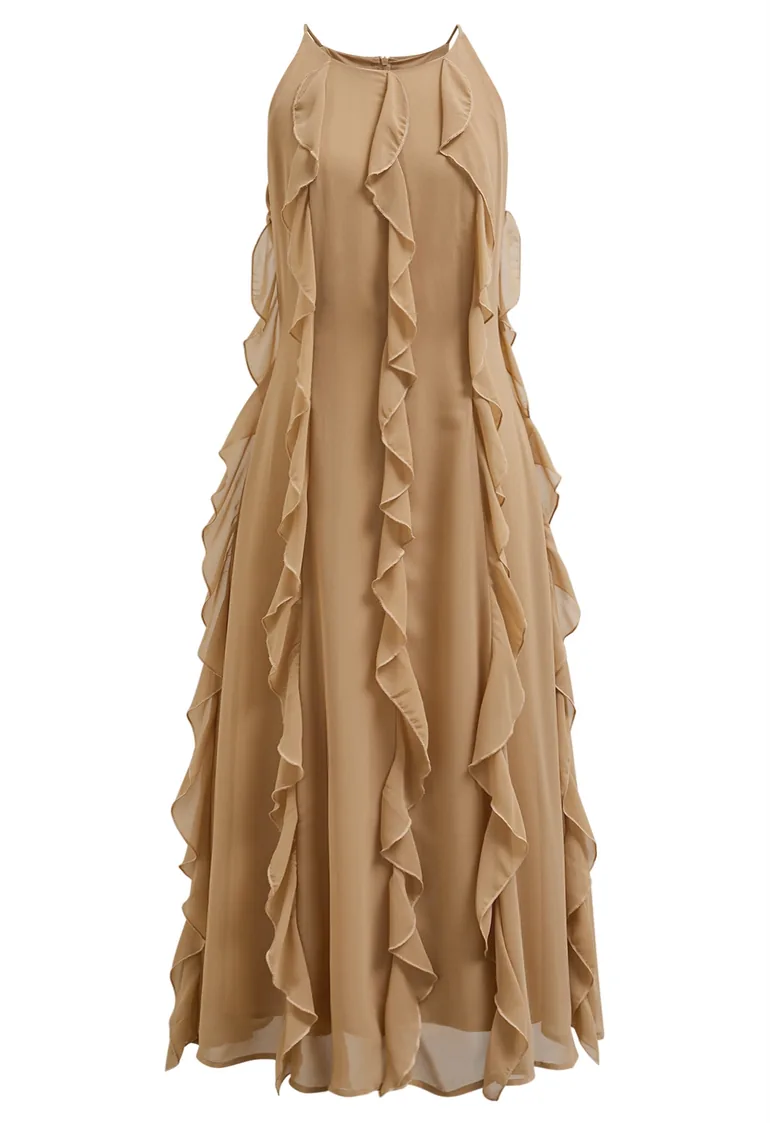 Whispering Cascade Ruffle Chiffon Maxi Dress in Tan - 2