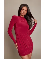Burgundy Slinky High Neck Structured Drape Front Mini Dress - 1
