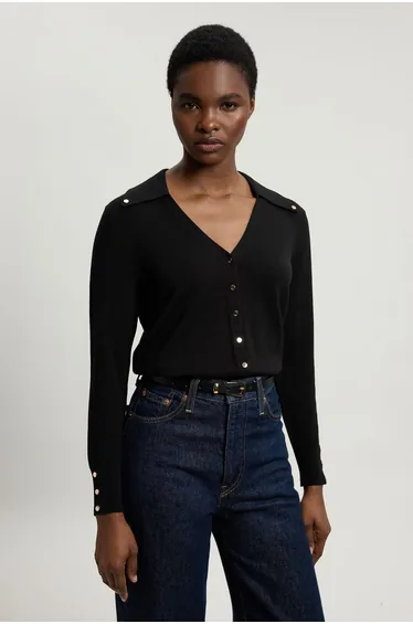 Petite Viscose Blend Popper Detail Knit Collared Cardigan
