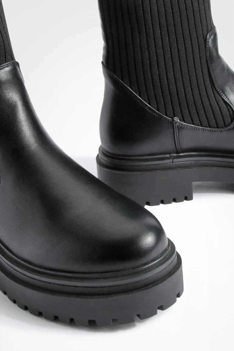 Chunky Sole Knitted Chelsea Boots - black - 3