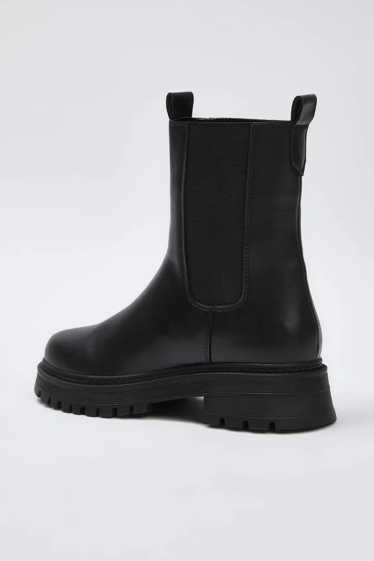 Black Elastic Flat Thick Sole Chealsea Women's Boots - 2