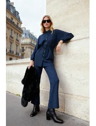 Navy Blue Crinkle Woven Shirt Trousers Bottom Top Set