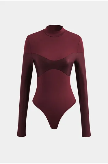 Mock Neck Faux Leather Paneled Long Sleeve Bodysuit