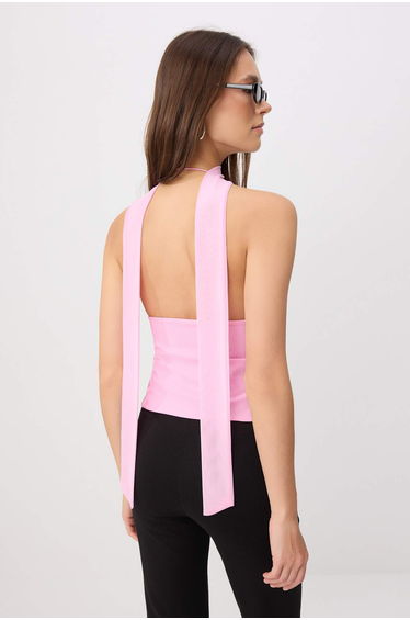 Pink Plain Fitted Halter Neck Accessory Detailed Tulle Knitted Blouse product thumbnail 4