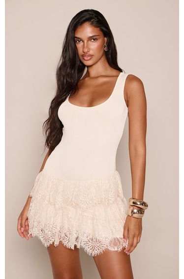 Cream Rib Scoop Neck Contrast Lace Hem Mini Dress