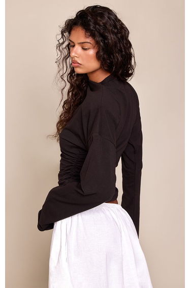 Black Cotton Shoulder Detail Ruched Long Sleeve T-Shirt product thumbnail 3