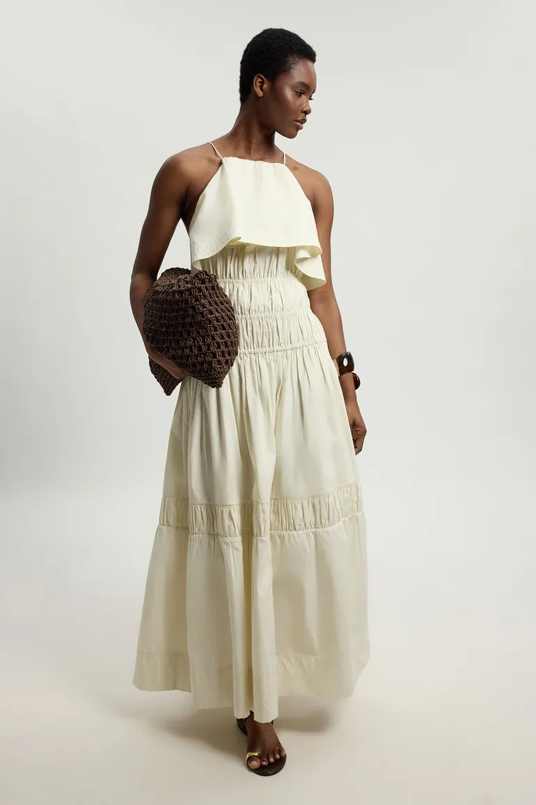 Ruffle Front Cotton Poplin Halterneck Midi Dress