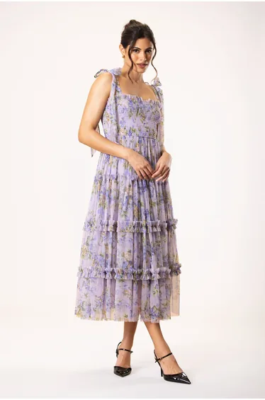 Louise Tulle Midi Dress in Lilac Print