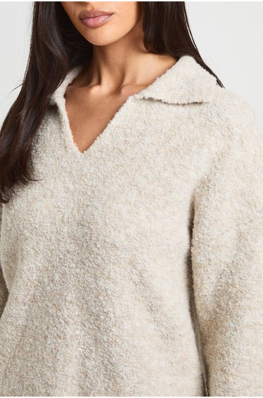 Collared Boucle Knitted Pocket Detail Jumper - stone product thumbnail 4
