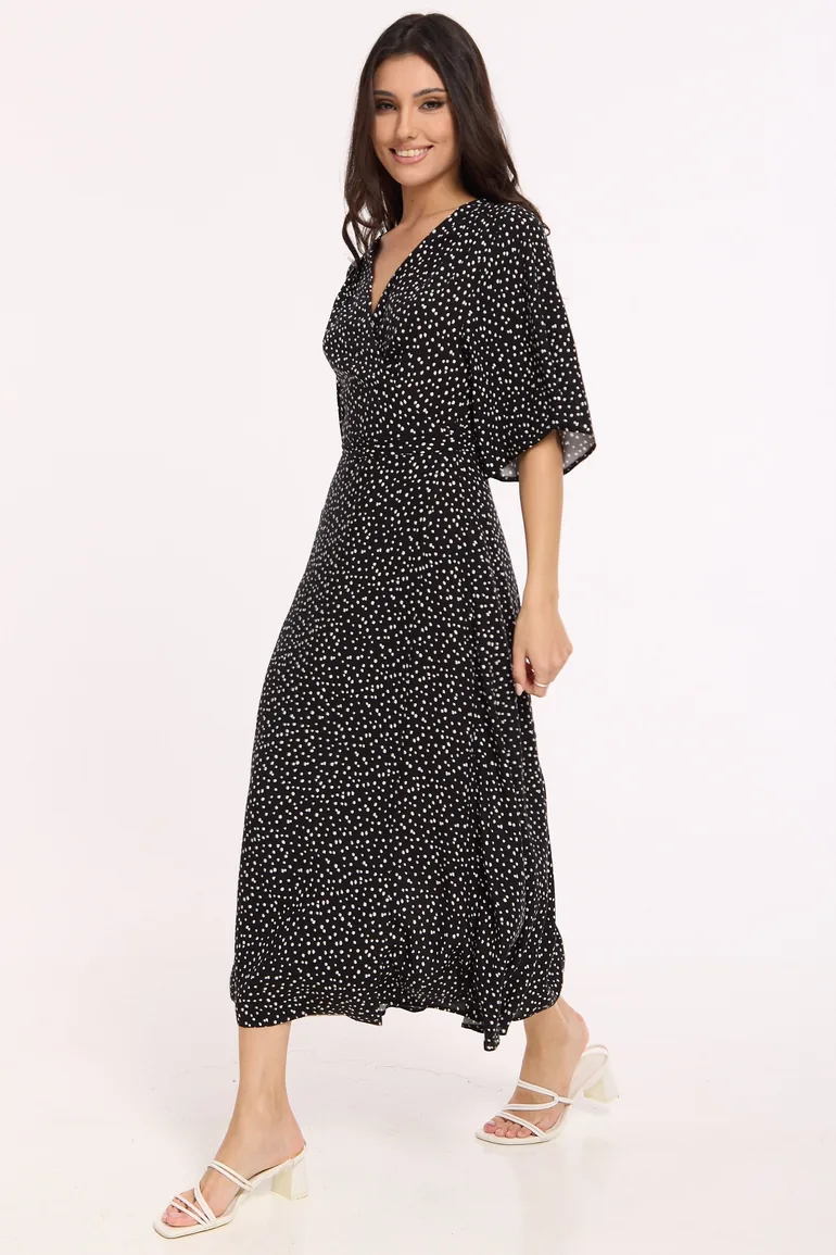 Black Polka Dot Wrap Maxi Dress - 1