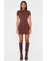 Chocolate Soft Knit Button Through Mini Dress - 3