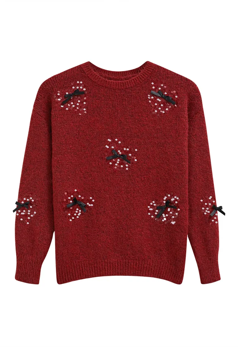 Heart Sequin Bowknot Embellished Knit Sweater in Burgundy - 1