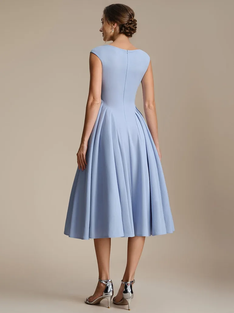 Pleating Crepe Cap Sleeve Wedding Guest Dress - 1