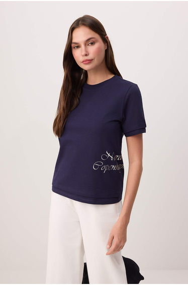 Navy Blue Slogan Regular/Normal Fit Short Sleeve 100% Cotton Knitted T-Shirt