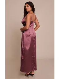 Shape Burgundy Acid Satin Lace Trim  Maxi Dress - 1
