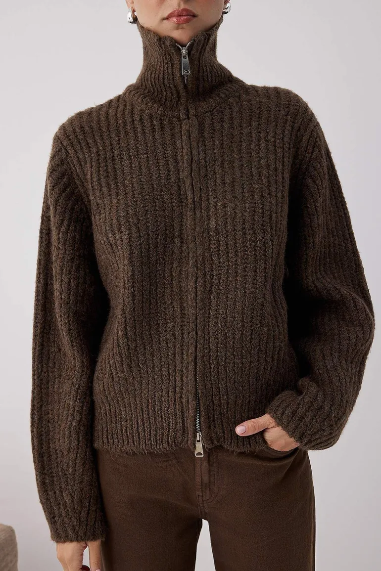 Brown Zipper Detailed Soft Texture Wide Pattern Turndown Collar Knitwear Cardigan - 2
