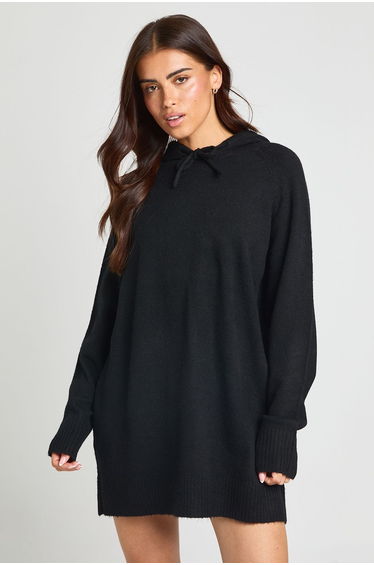 Oversized Knitted Hoody Mini Dress - black product thumbnail 2