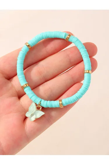 Girls Turquoise Butterfly Charm Beaded Bracelet
