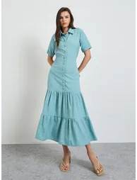 Green Front Button Tiered Midi Dress - 2
