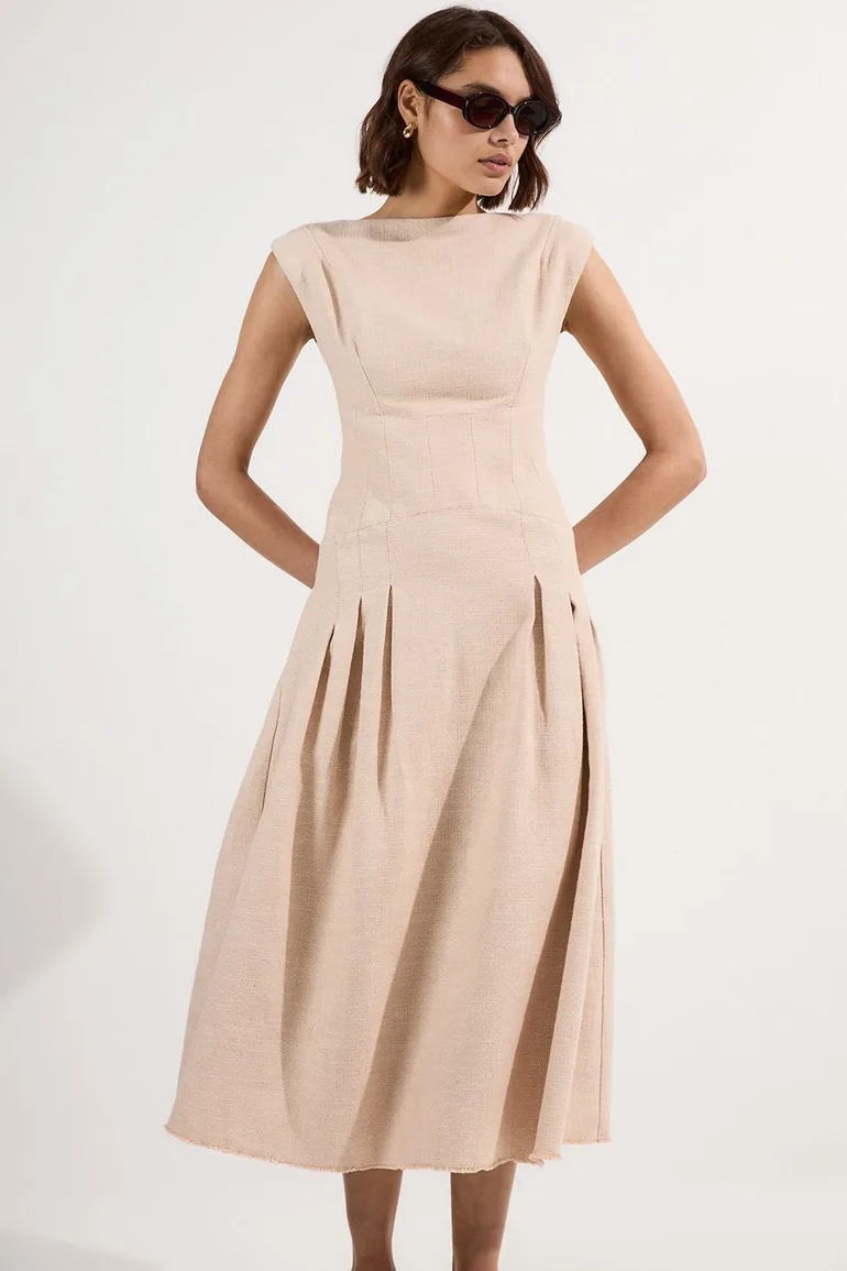 Spring Tweed Tailored Sleeveless Full Skirted Midi Dress