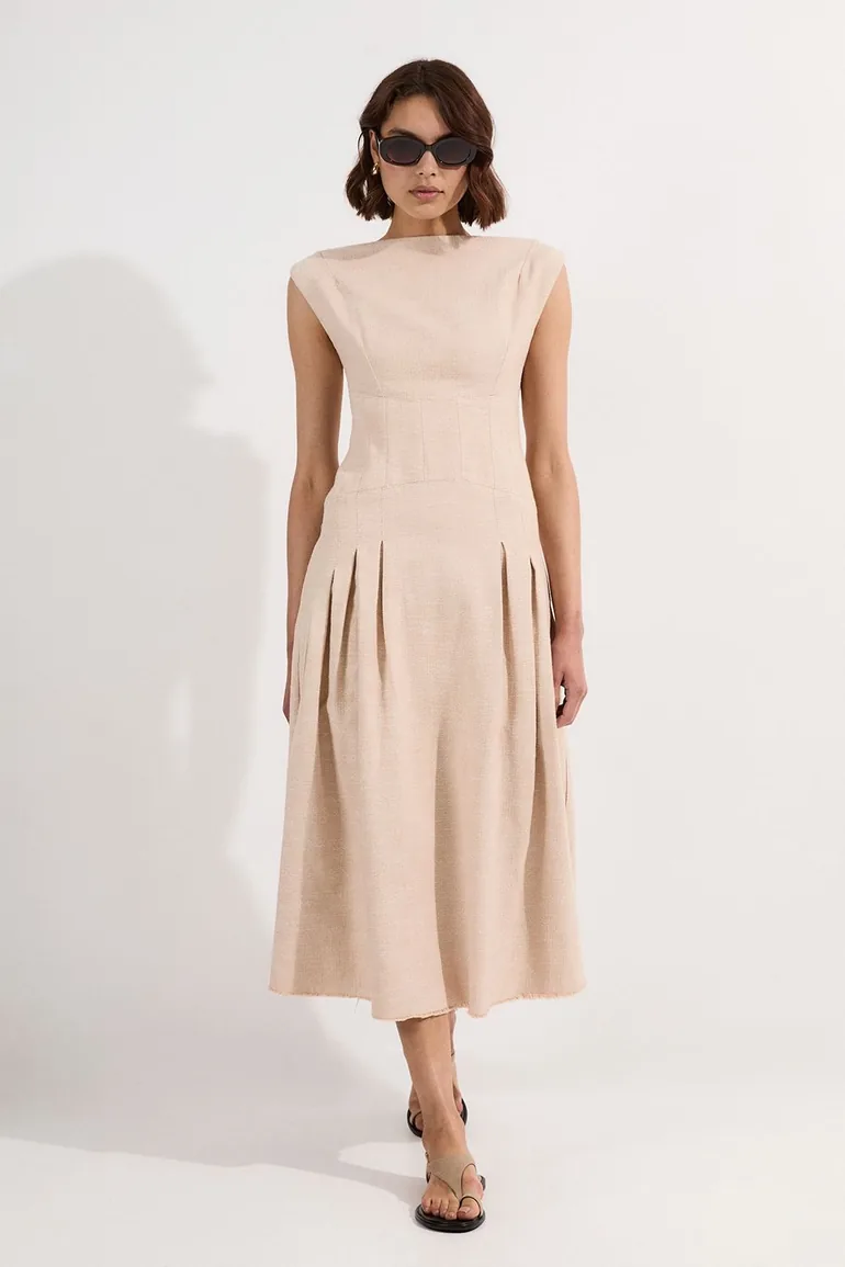 Spring Tweed Tailored Sleeveless Full Skirted Midi Dress - 1
