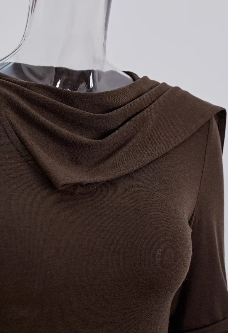 Draped Sash Neckline Fitted Cotton Top in Brown for Evening Drinks & Romantic Dates - 4
