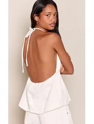 White Halterneck Ruched Front Tie Back Denim Top - 2