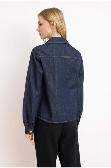 Dark Blue Button Detailed Basic 100% Cotton Denim Shirt product thumbnail 4