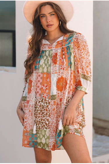 Lvness Orange Boho Paisley Mixed Print 3/4 Sleeve Chiffon Loose Dress product thumbnail 2