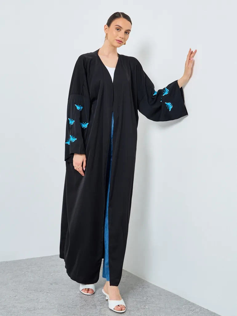 Embroidered Butterfly Open Front Abaya - 1