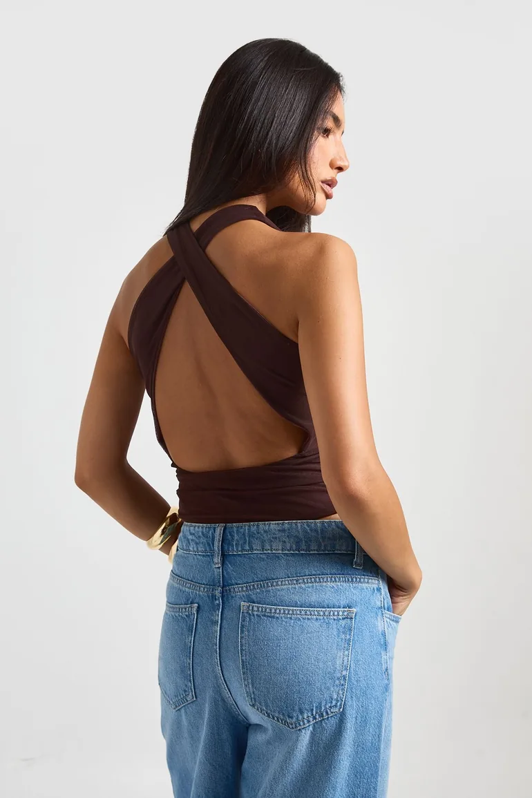 Mesh Cross Back Detail Bodysuit - chocolate - 1