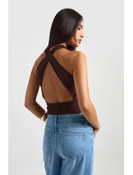 Mesh Cross Back Detail Bodysuit - chocolate - 1
